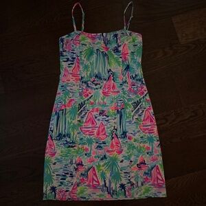 The image shows a Lilly Pulitzer Shelli Stretch Dress in a colorful, abstract pr